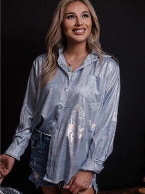 Iridescent Light Blue Button-Down Shirt - Shimmer Finish